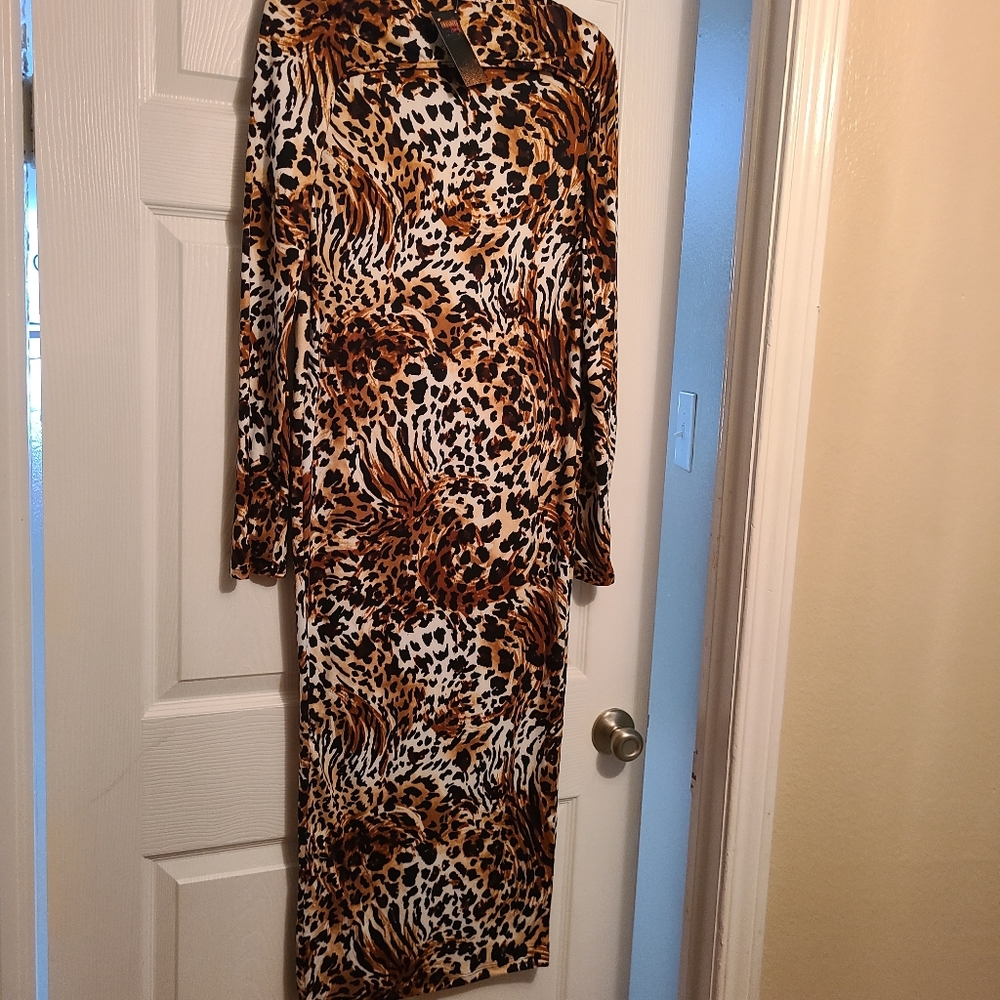 2pc animal print midi dress fitted